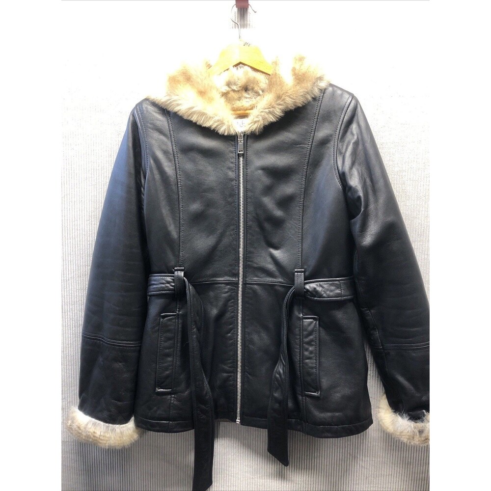 Wilsons Leather Coat Womens M Black Brown Faux Fur Lined Hooded Belted 3/4